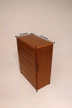 Detailed size view of teak wood dresser measuring 34 inches wide, 18 deep, and 45 high