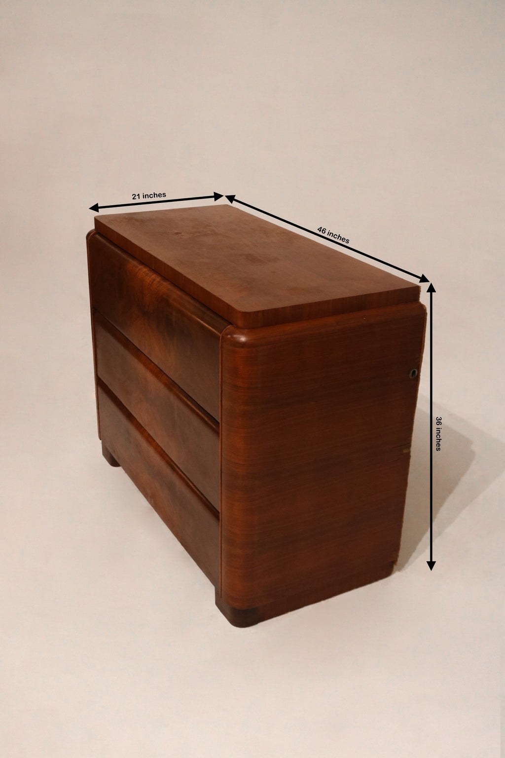 Size diagram of the vintage burlwood dresser showing dimensions 46 inches wide by 21 deep by 36 high