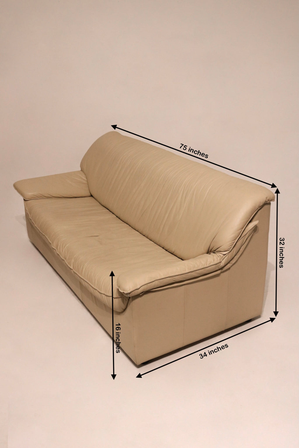 Dimensions for Vintage Italian Leather Beige Sofa Couch – 75in L x 34in D x 32in H