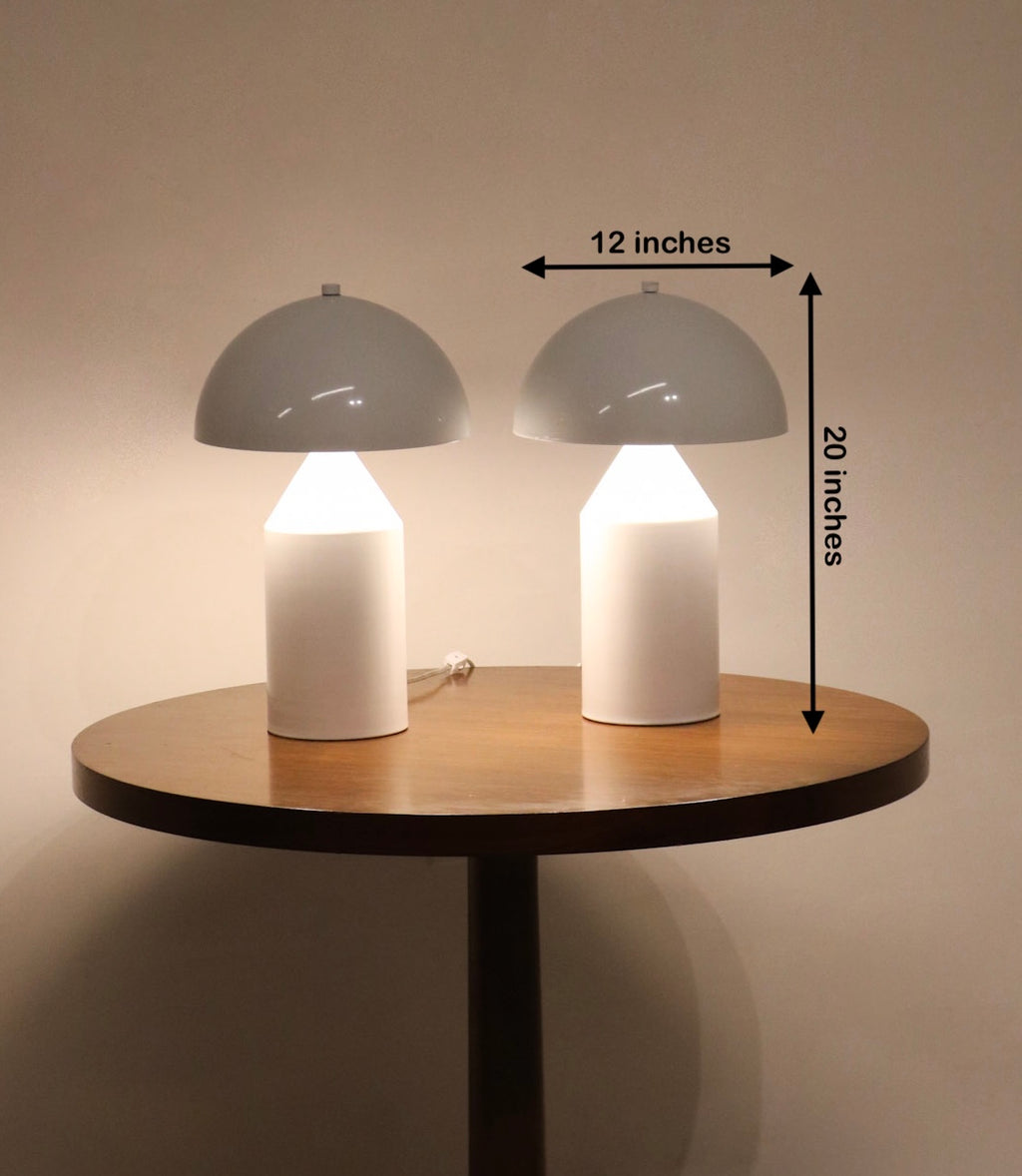 Dimensions view of the white metal mushroom table lamps showing 12 inches wide by 20 inches tall
