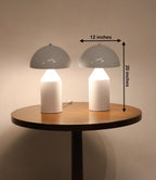 Dimensions view of the white metal mushroom table lamps showing 12 inches wide by 20 inches tall