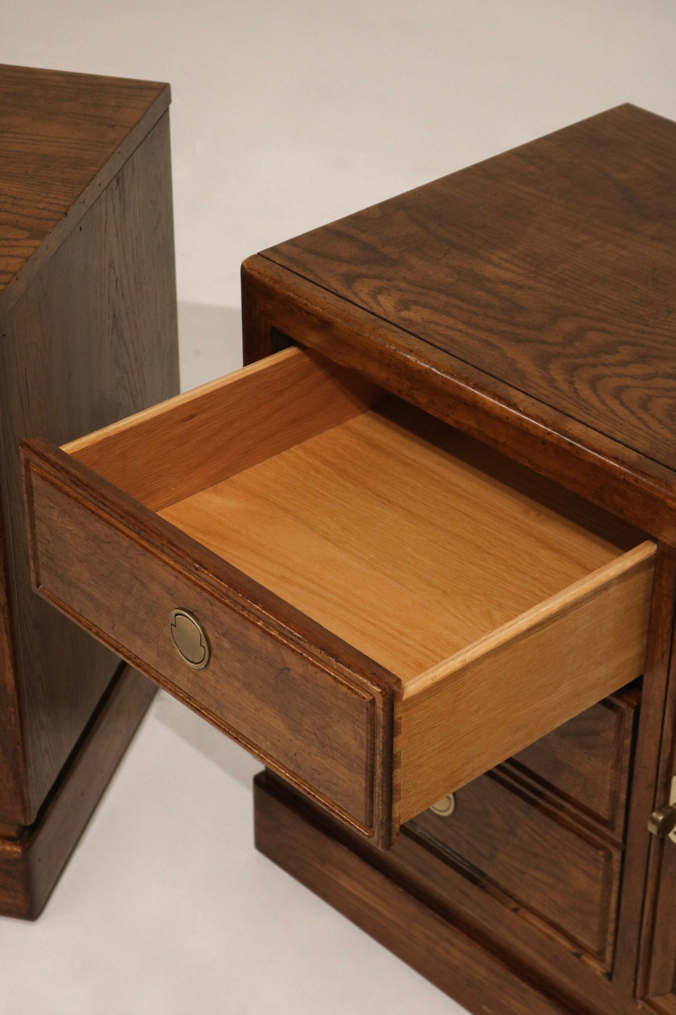Final angled view of both nightstands together highlighting scale, solid walnut wood construction and excellent like-new condition for NYC homes and apartments.