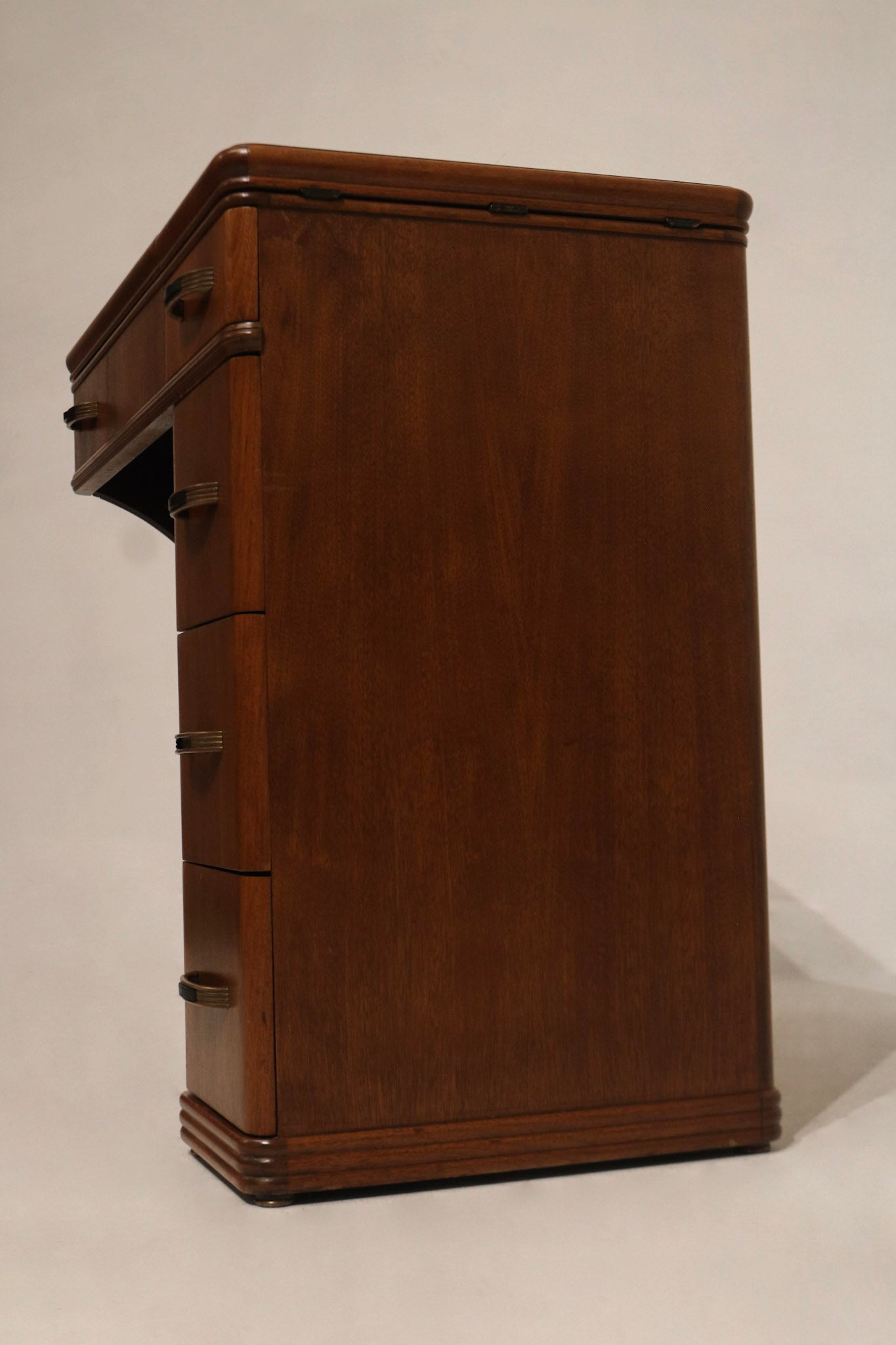 Overview image of walnut wood desk with both leaves extended and drawers visible, showcasing vintage storage function