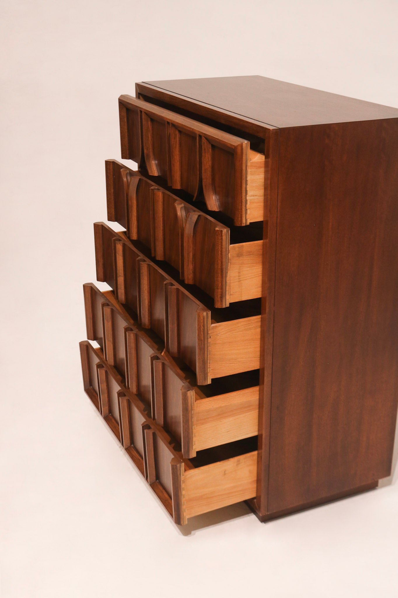 Rear view showing back panel construction of vintage walnut Highboy Dresser