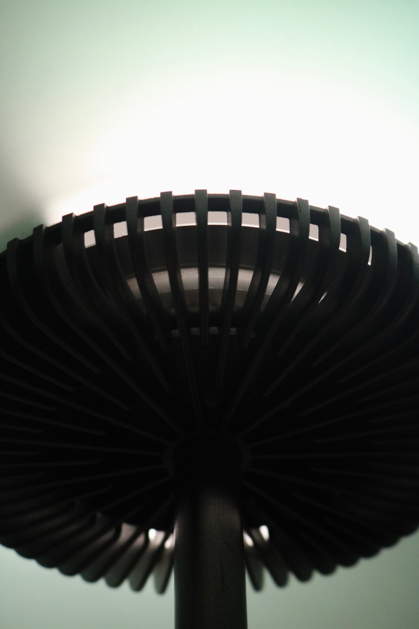 Top-down detail of lamp head focusing on its glass form and open lighting design