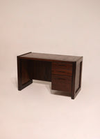Main view of the vintage stained solid oak wood desk table with drawers, full product overview
