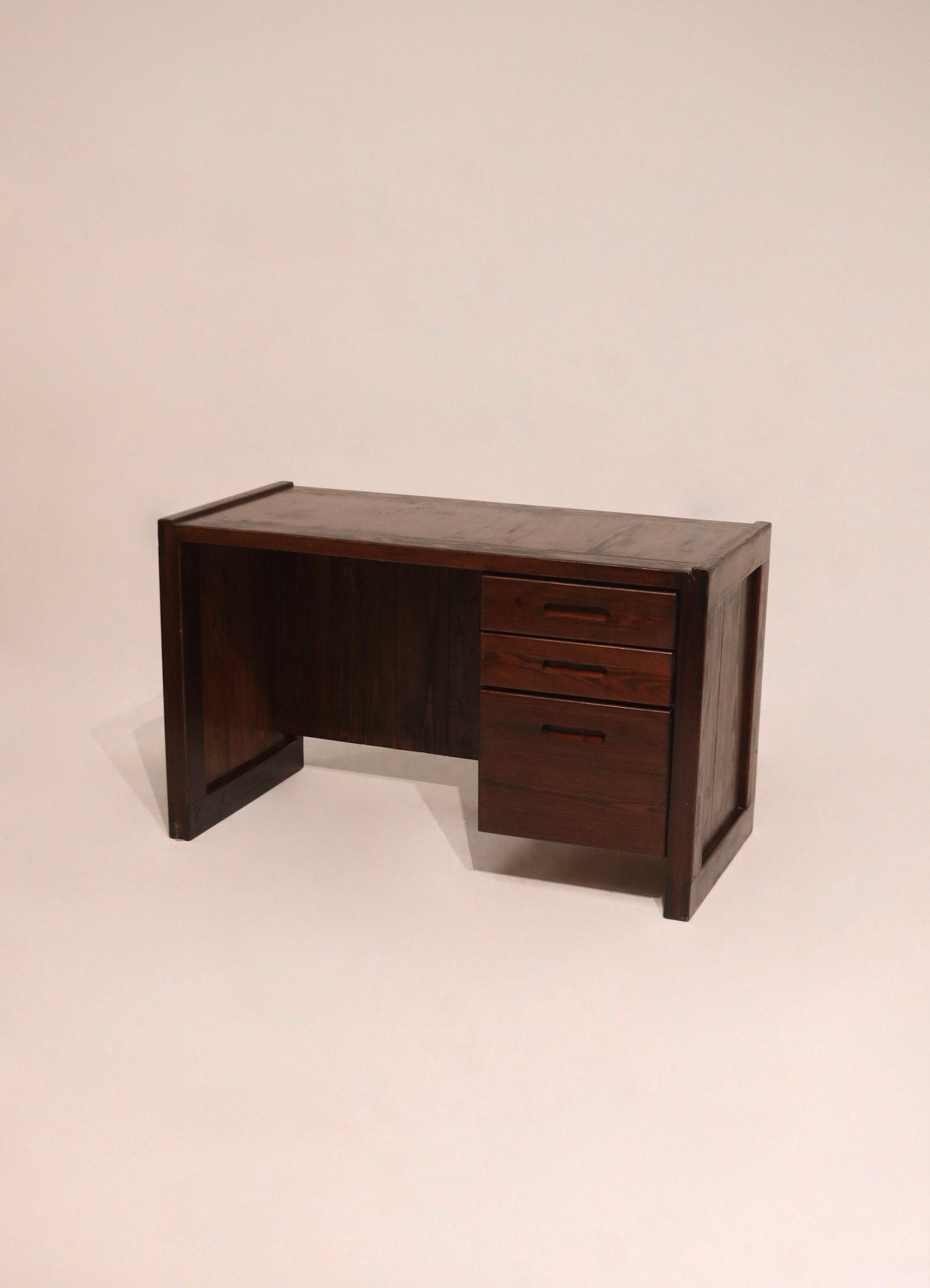 Main view of the vintage stained solid oak wood desk table with drawers, full product overview