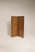 Full view of vintage pine wood folding screen room divider showing three-panel design, natural grain, warm finish.