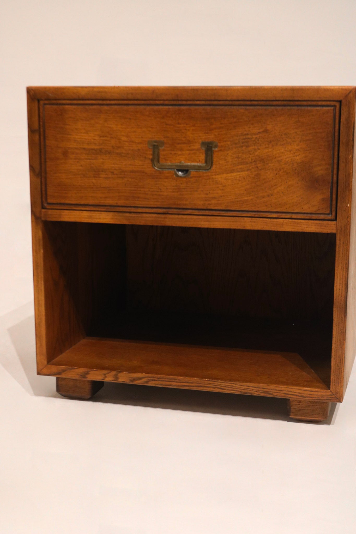 Backside view of Henredon Oak Nightstand revealing solid wood panel and clean lines