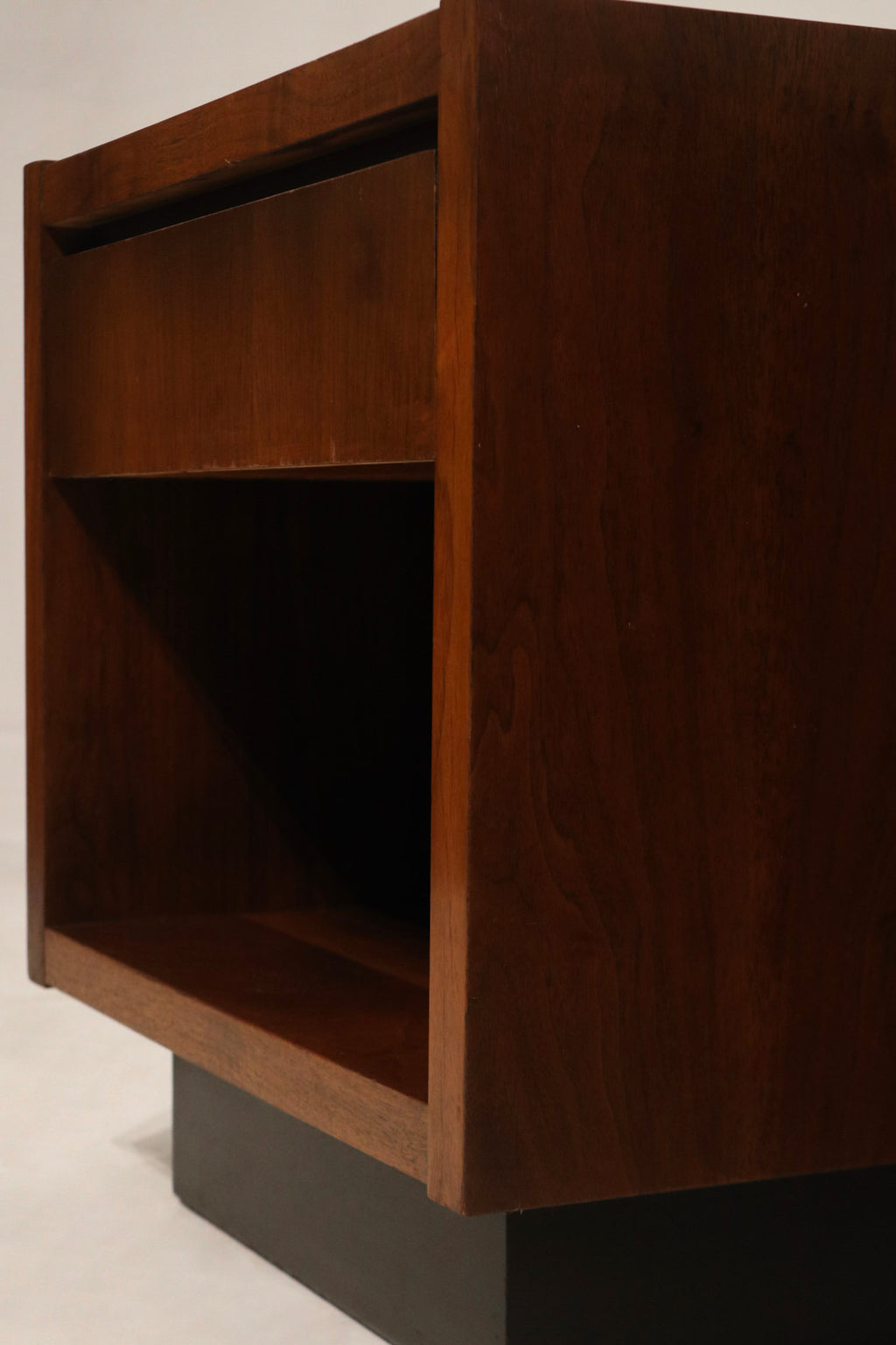 Top wear close-up: surface scuffs and vintage wear on solid walnut top, revealing authentic character and finish variation