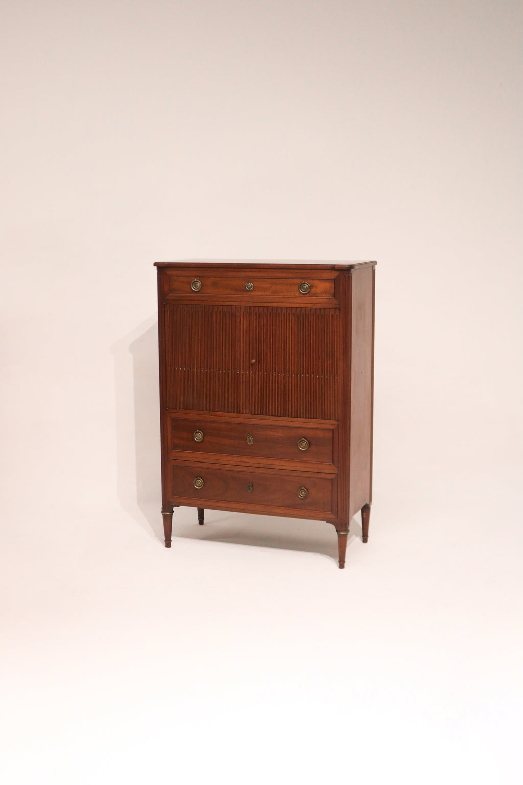 Full view of Vintage Mahogany Wood Mcm Chest Of Drawers Dresser made of mahogany and walnut wood, sleek and like new