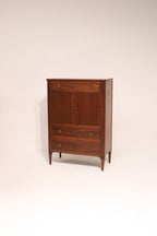 Full view of Vintage Mahogany Wood Mcm Chest Of Drawers Dresser made of mahogany and walnut wood, sleek and like new