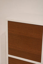 Close-up of cabinet door showing smooth wood texture and sturdy hinges