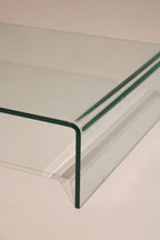 Contemporary Modern glass waterfall coffee table showing full dimensions 55 inches long by 28 deep by 9 high