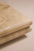 Corner with visible minor chip, showing actual vintage condition of 1980 postmodern table