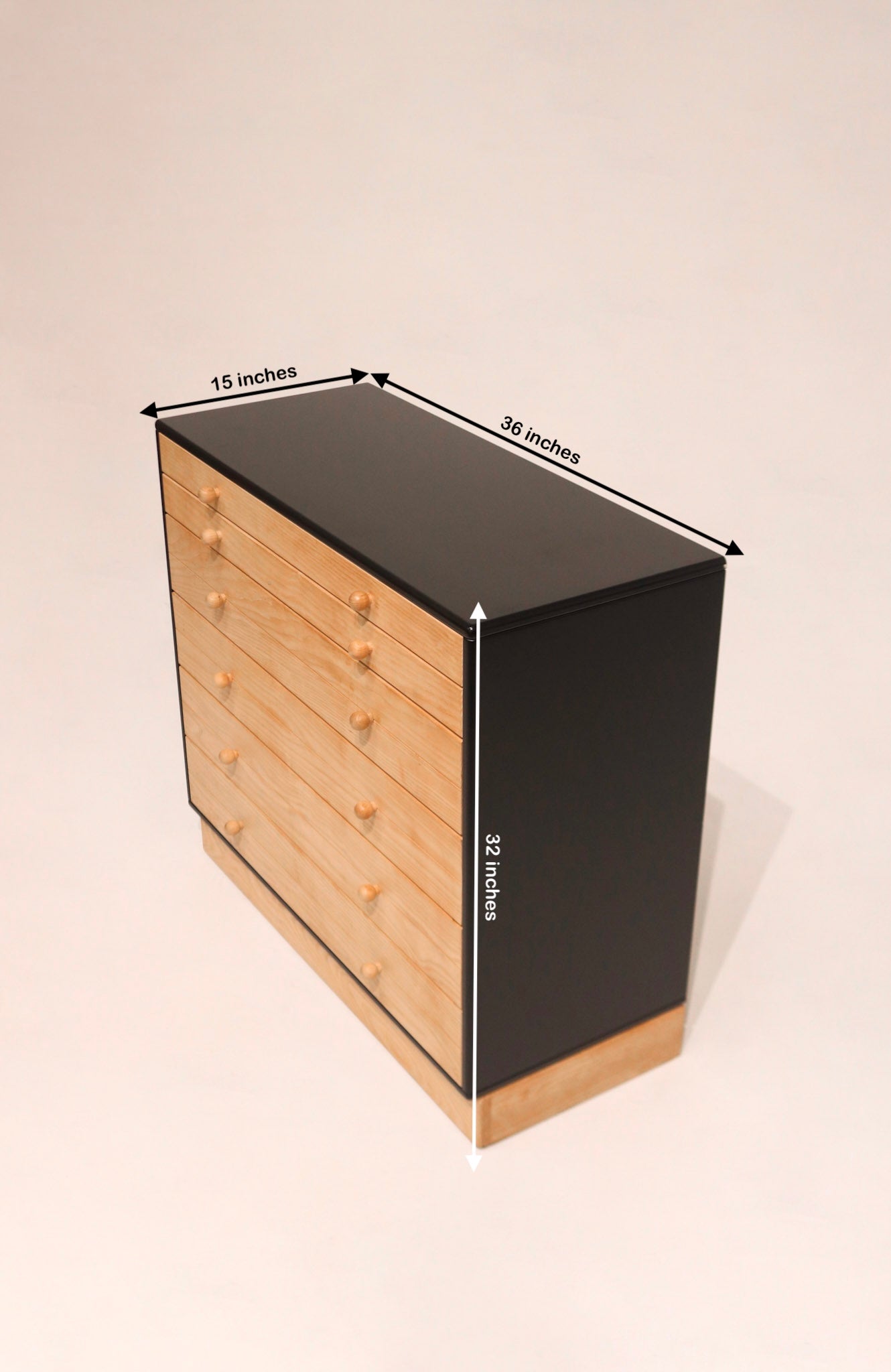 Measurement view of wood dresser showing 36-inch length, 15-inch depth, and 32-inch height