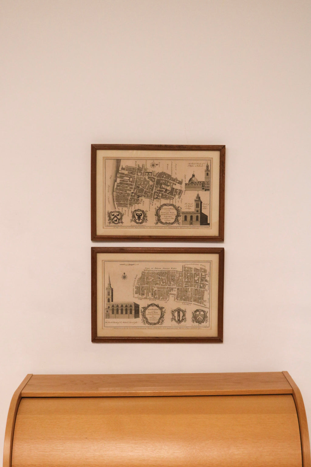 Set of 2 framed antique maps with wooden frames and visible aged paper circa 1756