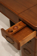 Staged NYC photo with walnut wood desk side table showing scale in a small apartment and warm vintage wood tones