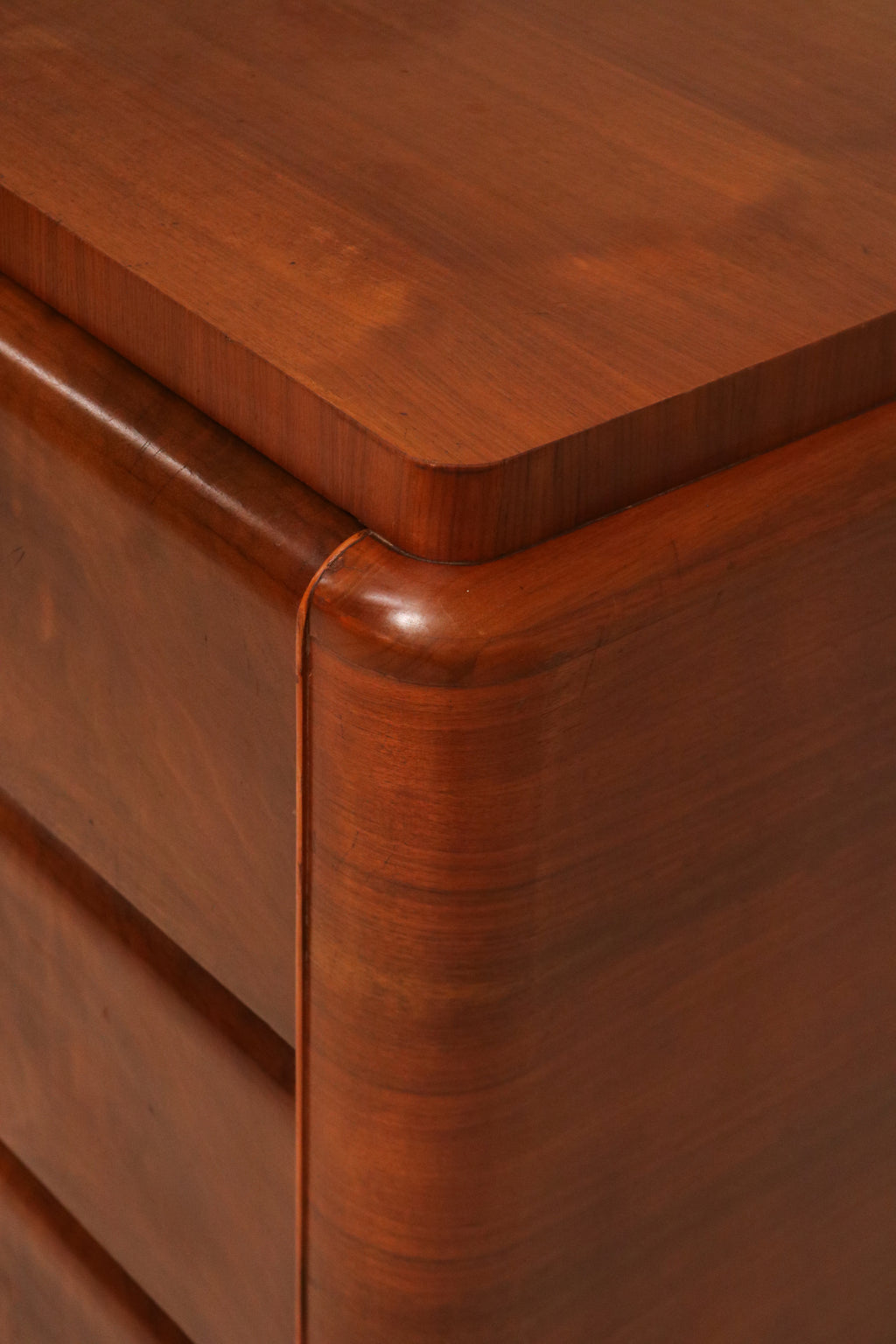 Back view of vintage burlwood dresser showing clean finish and solid wood construction