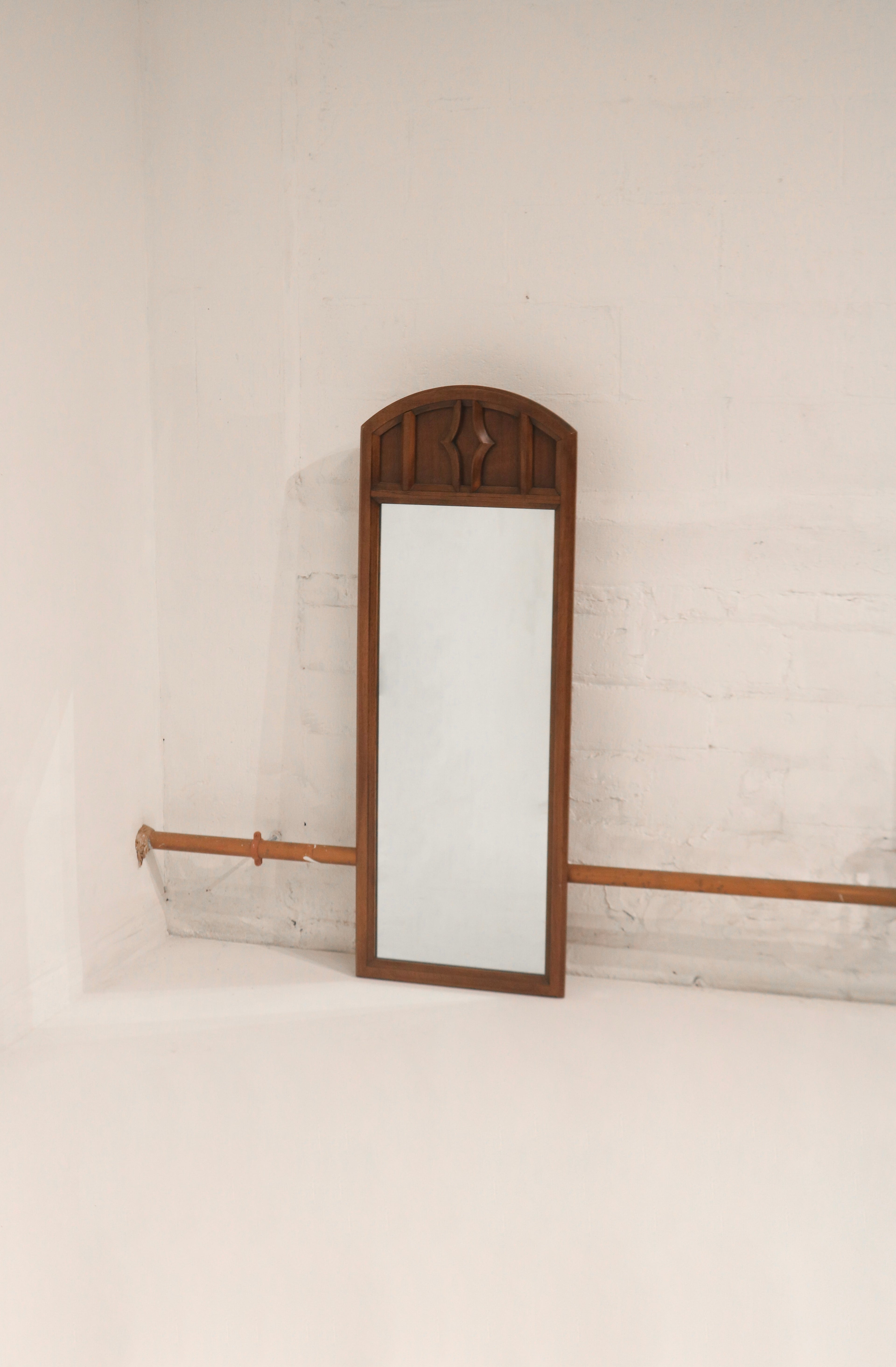 Full view of the Vintage Mcm Walnut Full Length Mirror with solid walnut frame and mid-century modern design