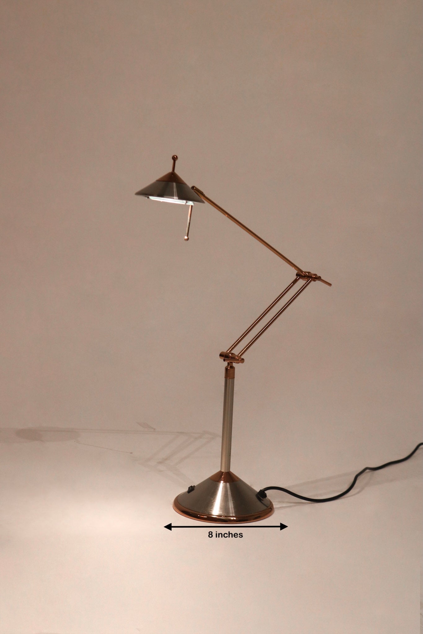 Dimensions of Vintage Chrome Adjustable Desk Lamp showing 8-inch diameter chrome steel base