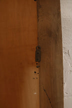 Back view showing oak wood frame thickness, backing board, wall-mount hardware, condition of screws and fasteners.