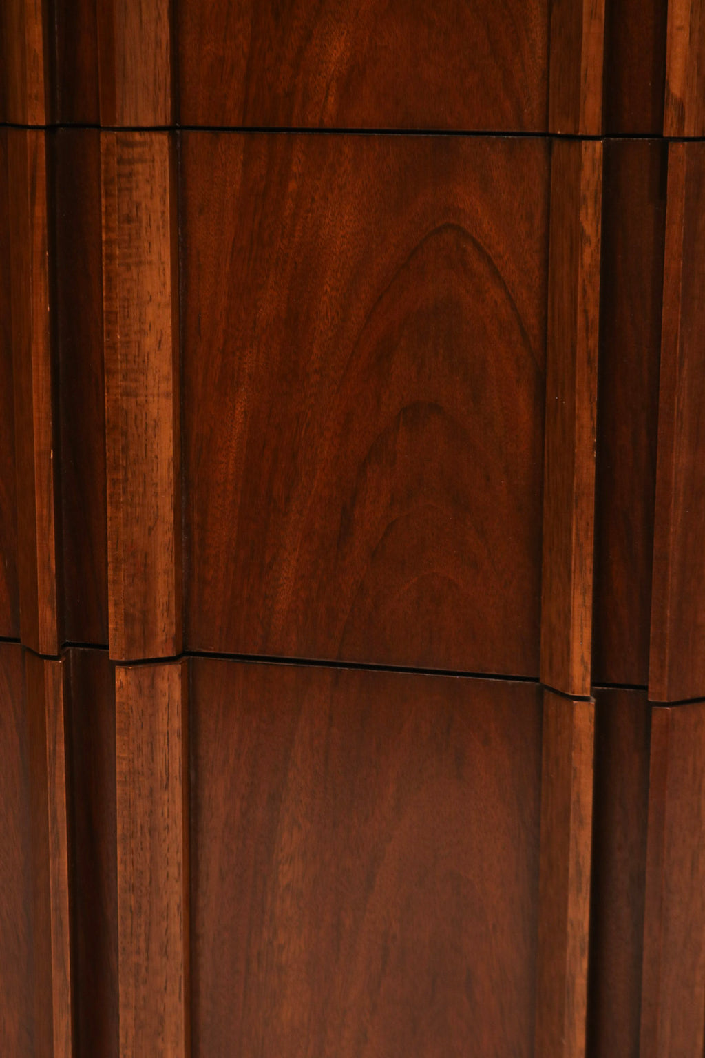 Detailed look at the smooth-functioning drawers of vintage solid walnut wood dresser by Thomasville