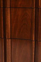 Detailed look at the smooth-functioning drawers of vintage solid walnut wood dresser by Thomasville