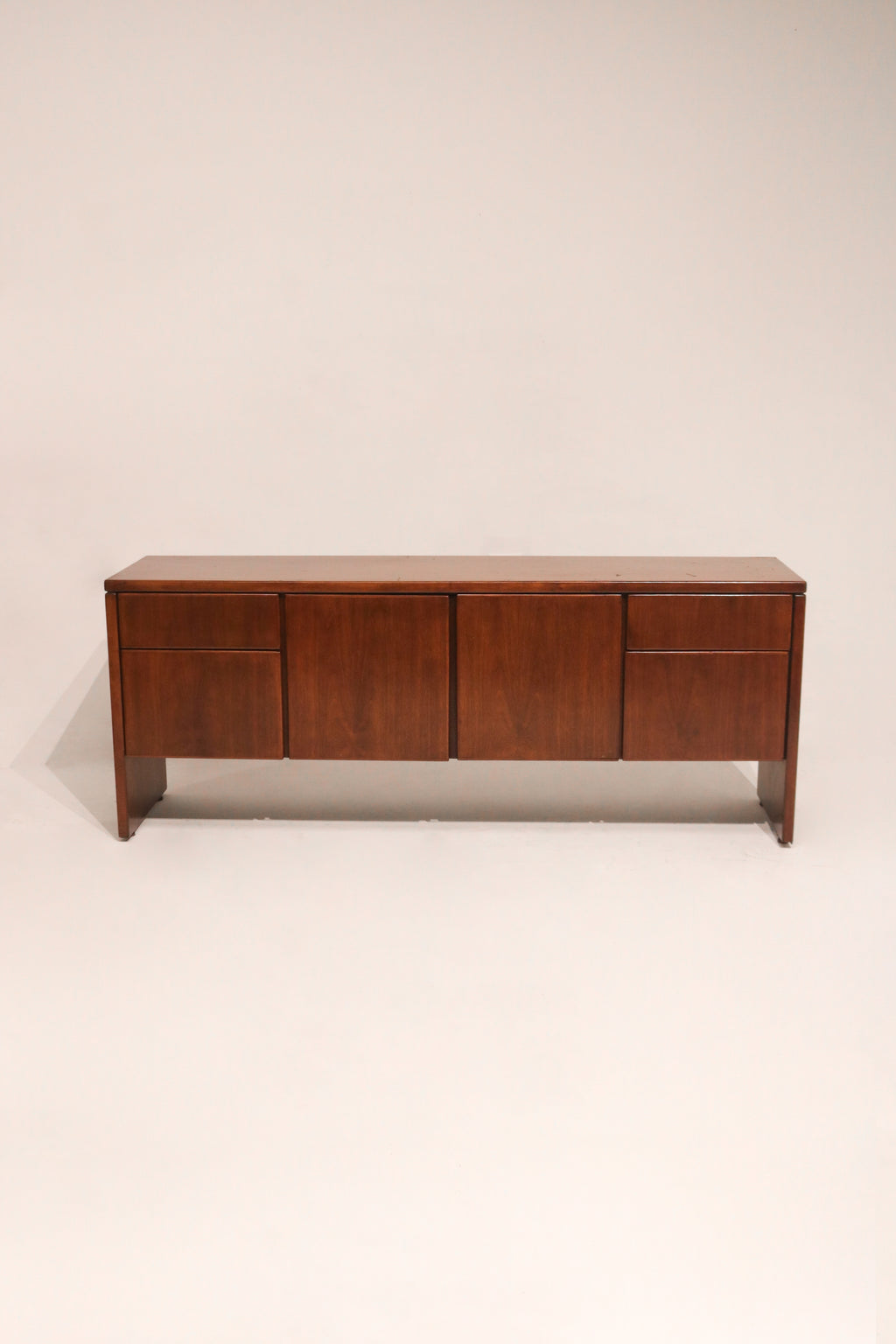 Main view of Mid Century Modern solid wood credenza sideboard with drawers, full frontal shot