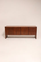 Main view of Mid Century Modern solid wood credenza sideboard with drawers, full frontal shot