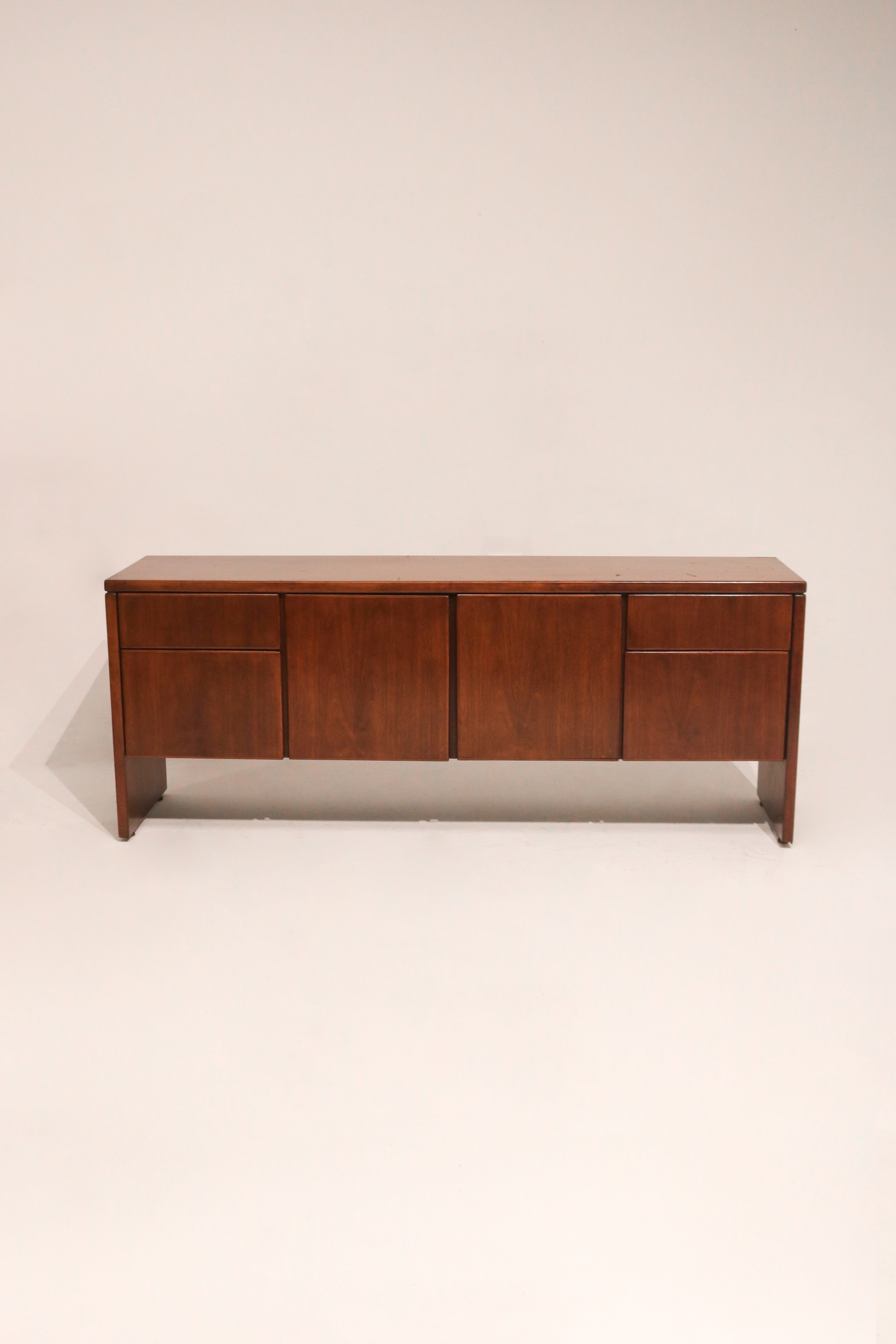 Main view of Mid Century Modern solid wood credenza sideboard with drawers, full frontal shot