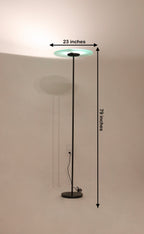 Dimensions display of vintage glass floor lamp, showing 79 inches tall and 23 inches in diameter