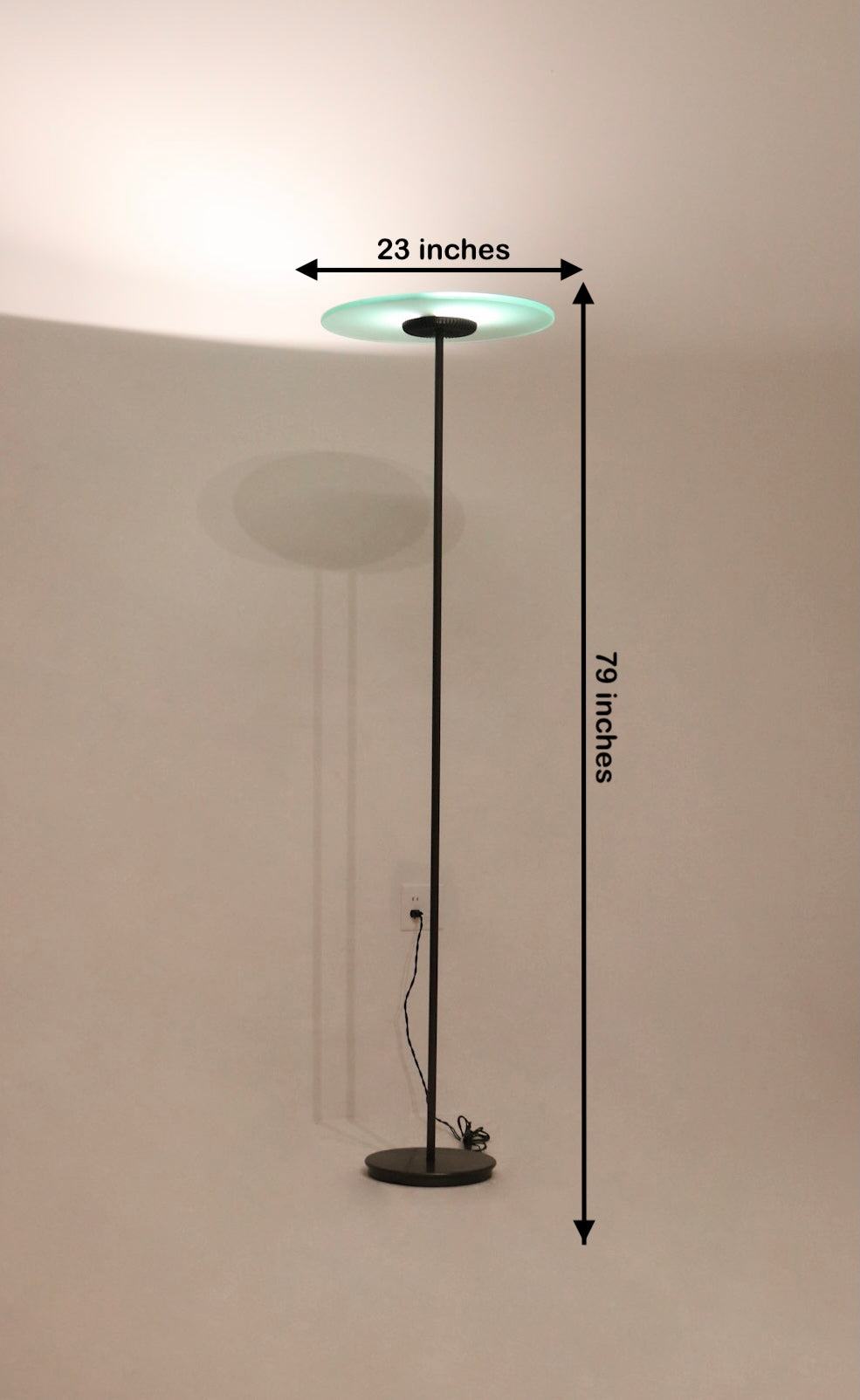Dimensions display of vintage glass floor lamp, showing 79 inches tall and 23 inches in diameter