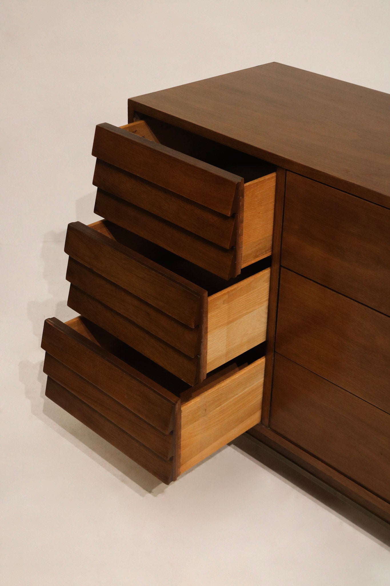 Final perspective capturing full walnut dresser presence, Merton Gershun design cues and Martinsville vintage charm