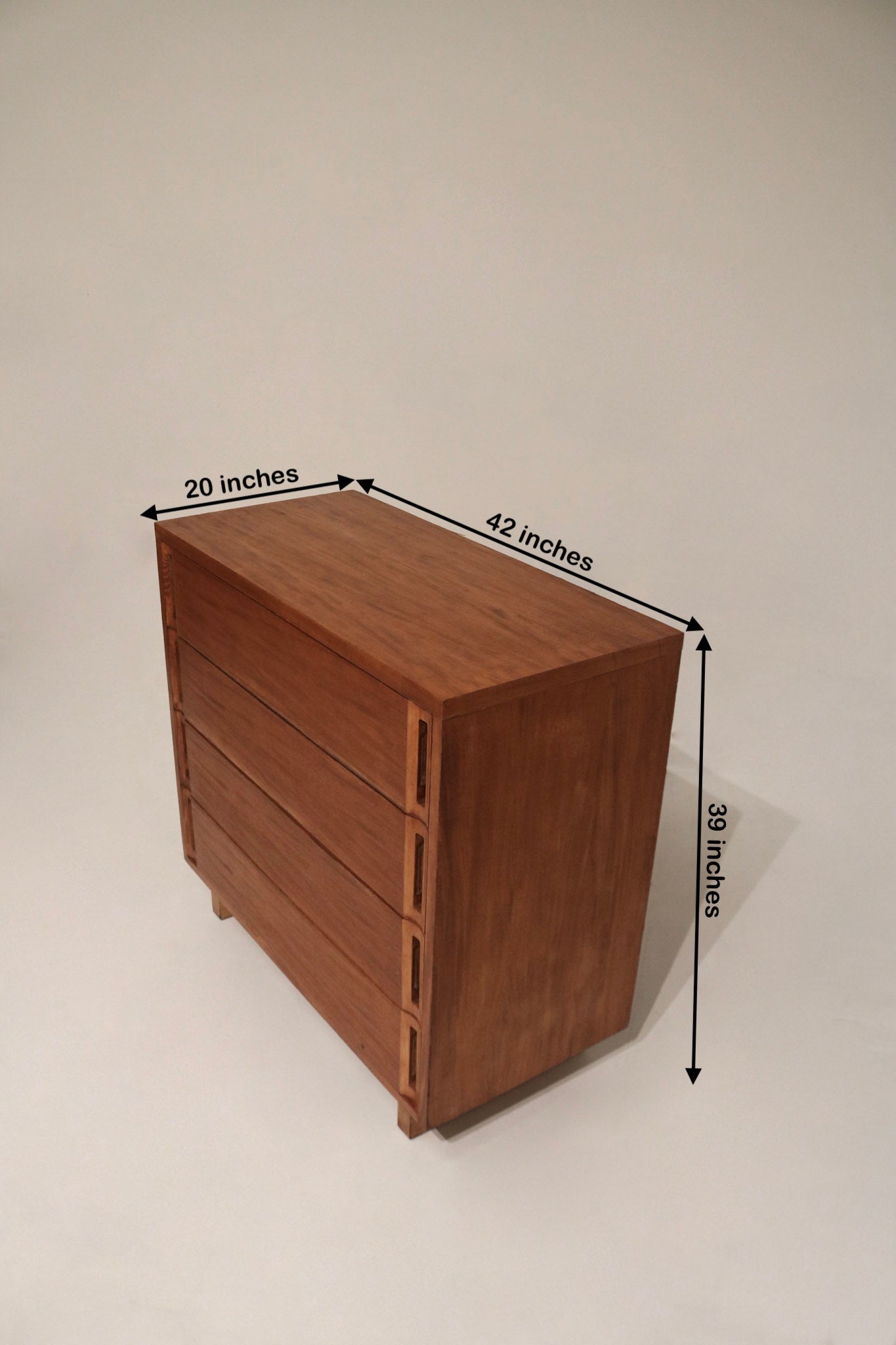 Side view showing dimensions of vintage solid wood dresser chest of drawers, 42"L x 20"D x 39"H, stained walnut finish and sturdy base