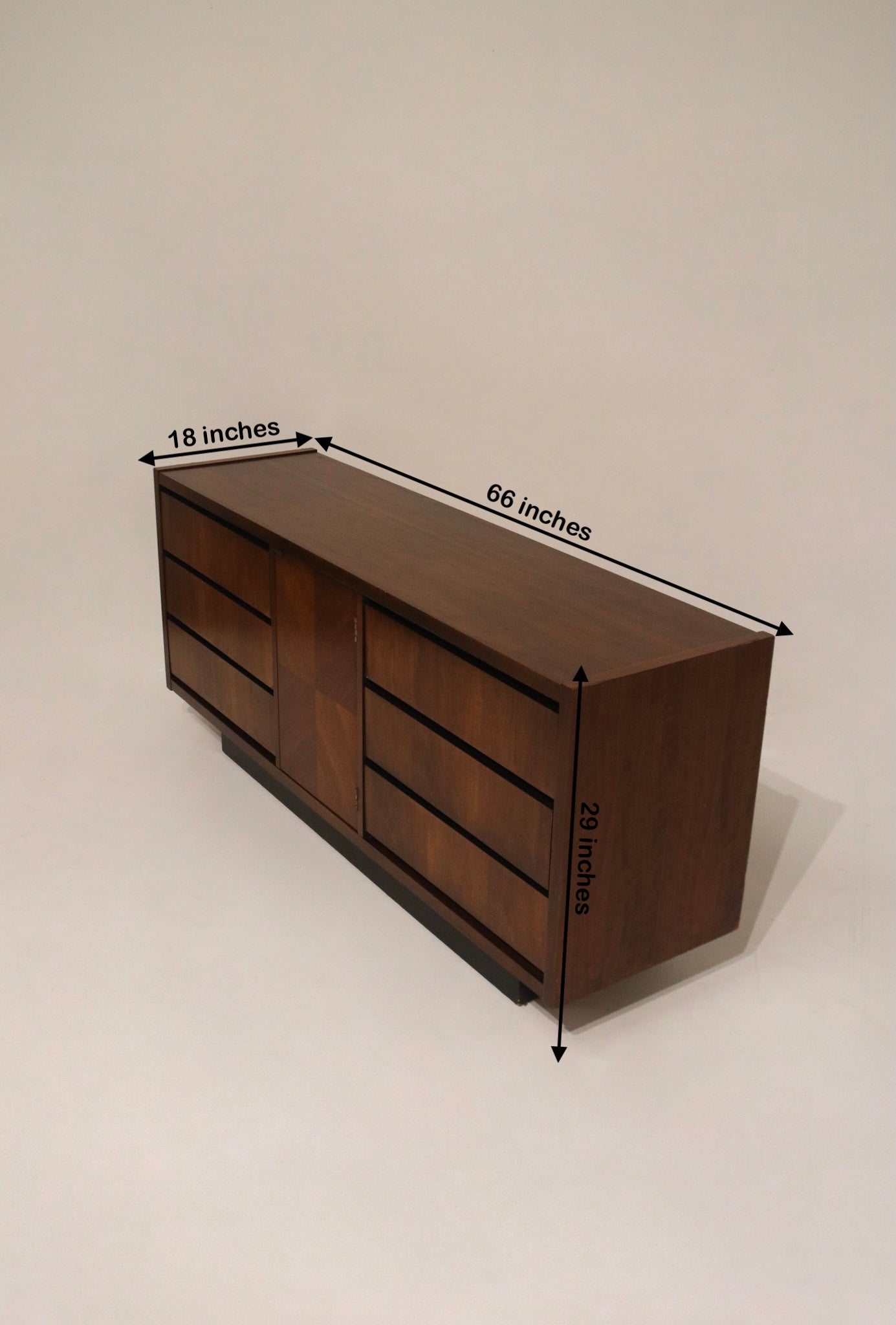 Side view showing dimensions of walnut wood dresser credenza by Lane, 66"L x 18"D x 29"H, low profile and balanced mid-century silhouette