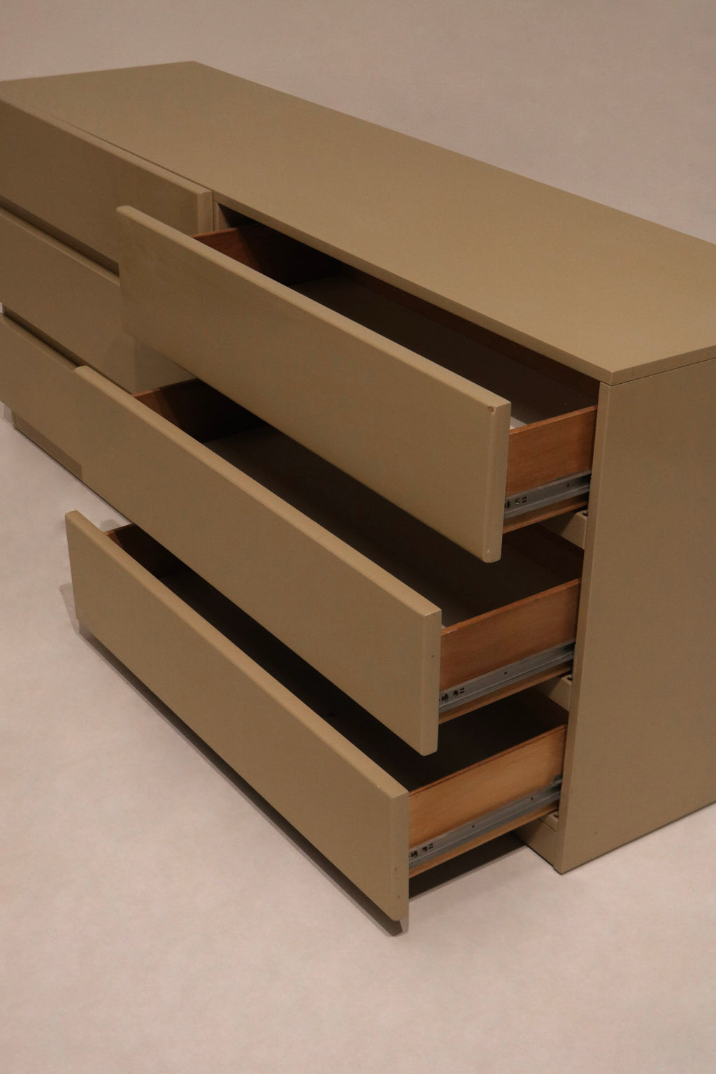 View from above displaying the dresser’s flat surface and natural taupe tone