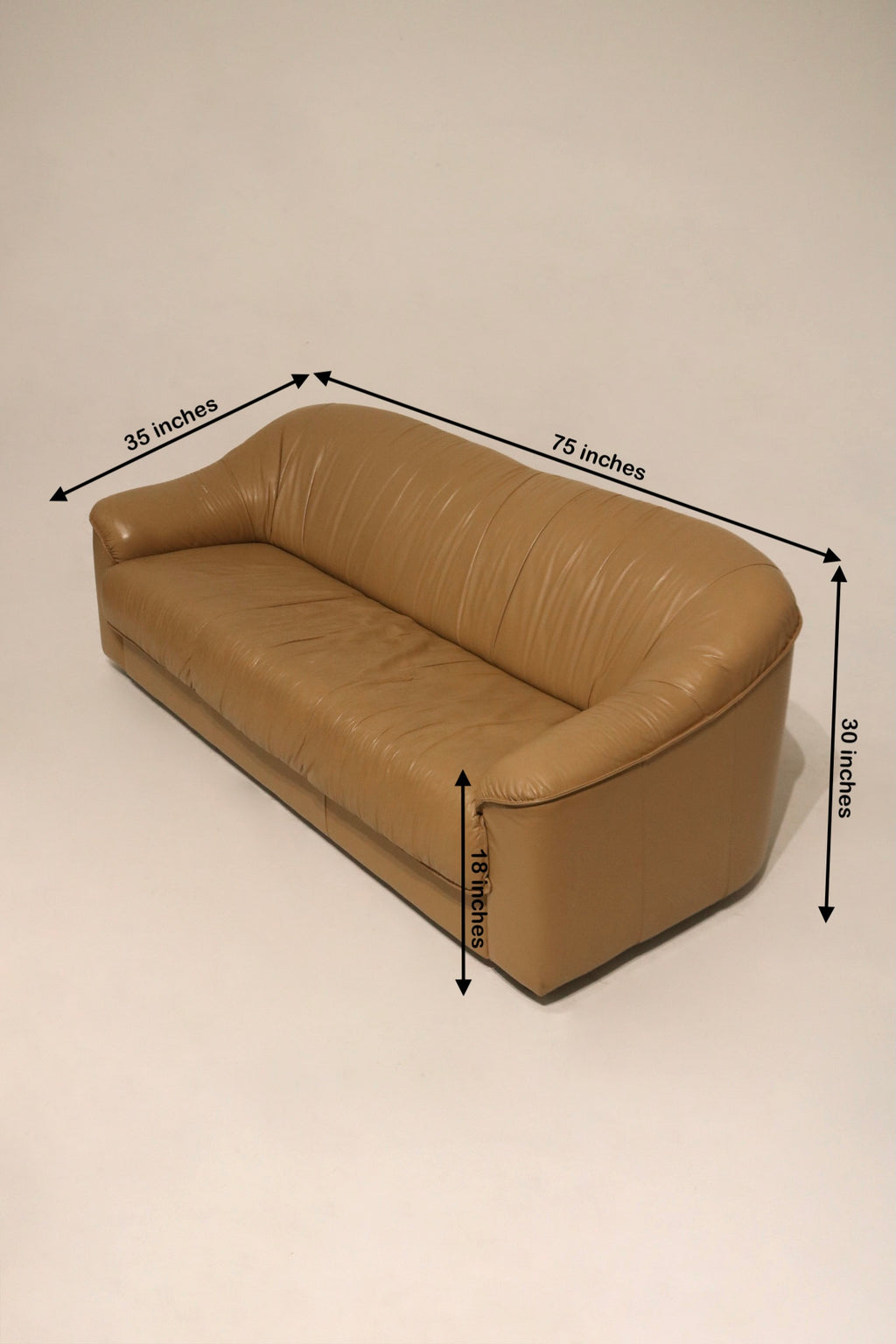 Size chart showing dimensions of vintage Italian leather sofa: 75 L x 35 D x 30 H