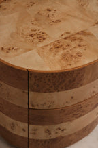 Furniture finish detail of the burl wood surface illuminated to show natural wood tones