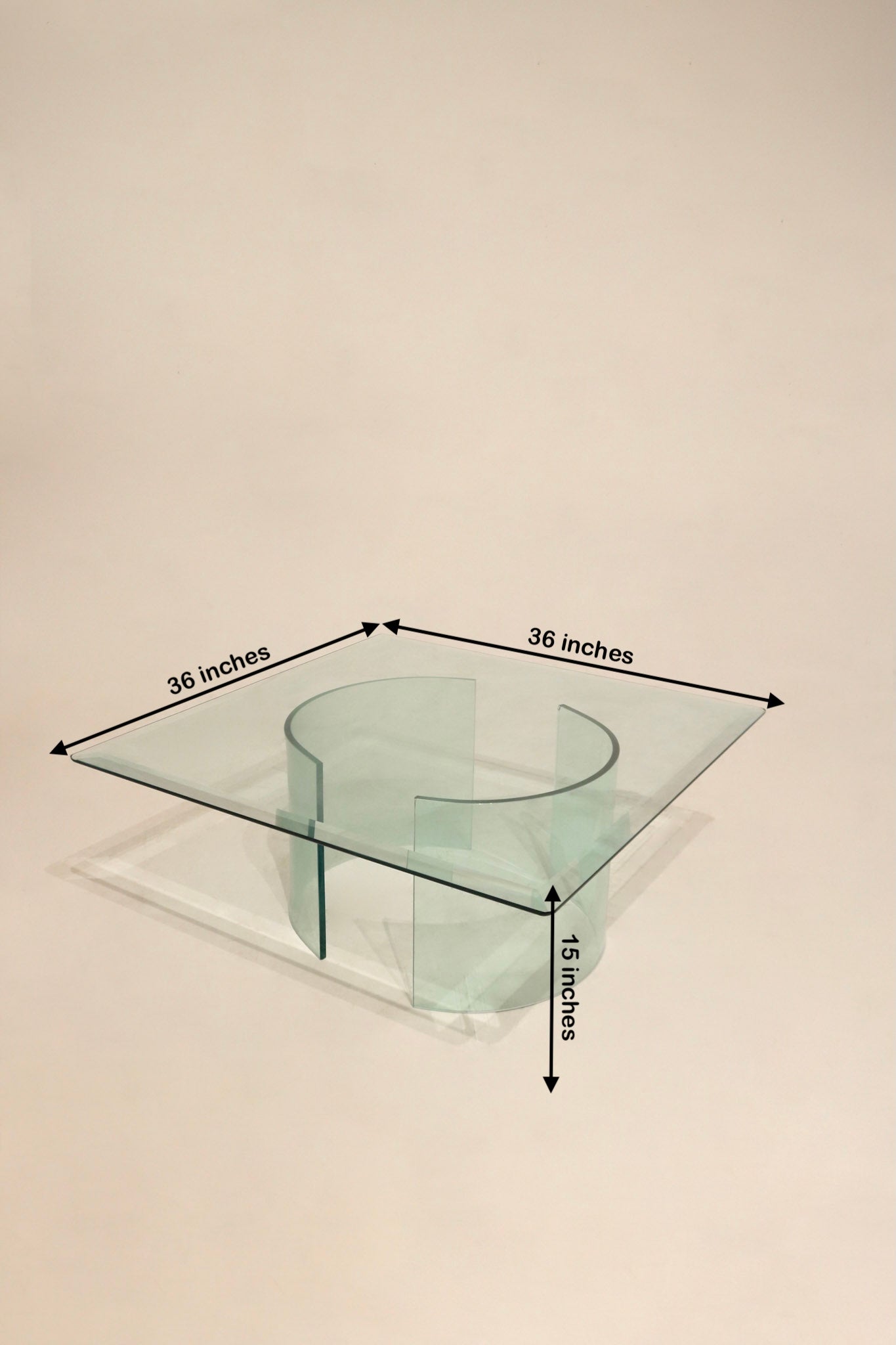 Dimensions layout of Vintage Square Glass Coffee Table measuring 36x36 inches and 15 inches high