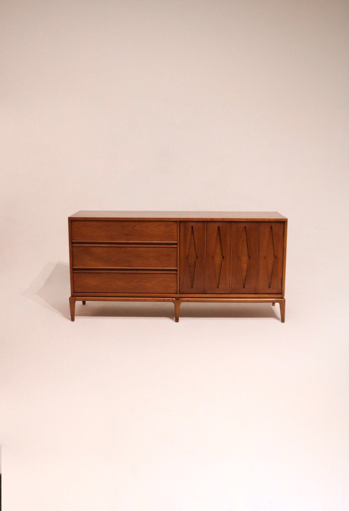 Main view of Vintage Mid Century Modern Walnut Credenza Dresser in solid wood with elegant walnut finish
