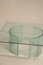 Underneath view of Vintage Square Glass Coffee Table showing how the two glass base pieces are separated