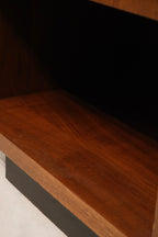 Corner and leg detail: tapered walnut leg and corner joinery, showing mid-century construction and sturdy wood build