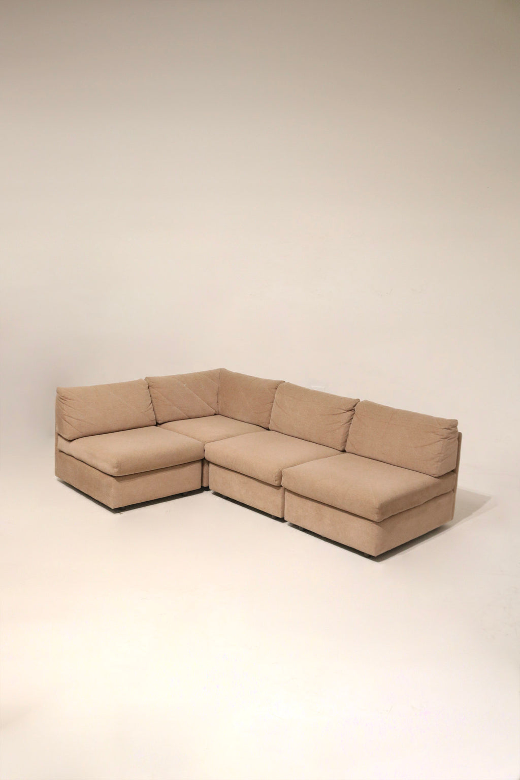 Main view of Mcm modular sectional fabric sofa couch in brown-pink fabric showing full length, modular arrangement and overall upholstery condition