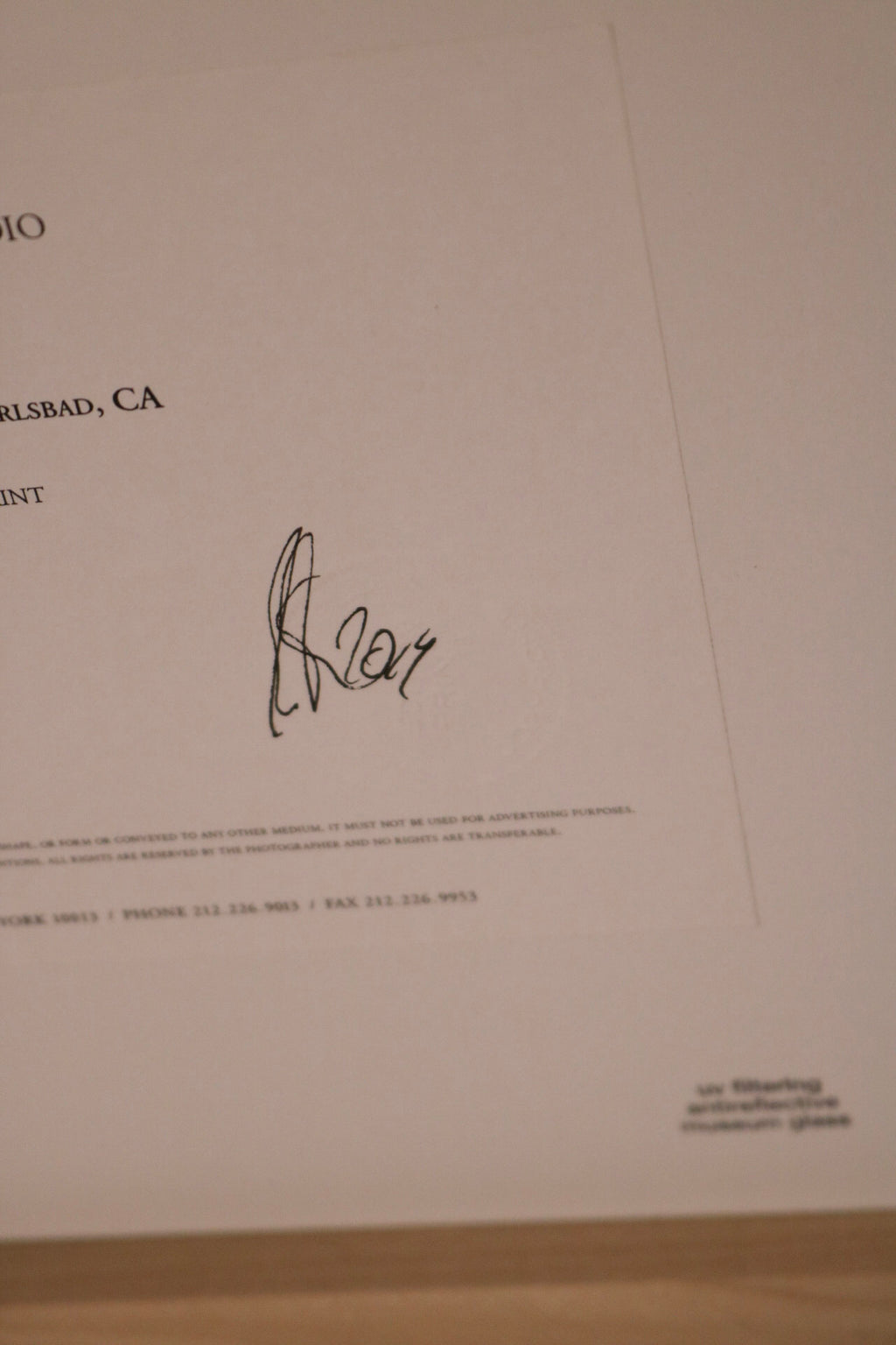 Close-up of Tony Hawk portrait with wood frame detail and signature by Martin Schoeller, edition 2 of 10