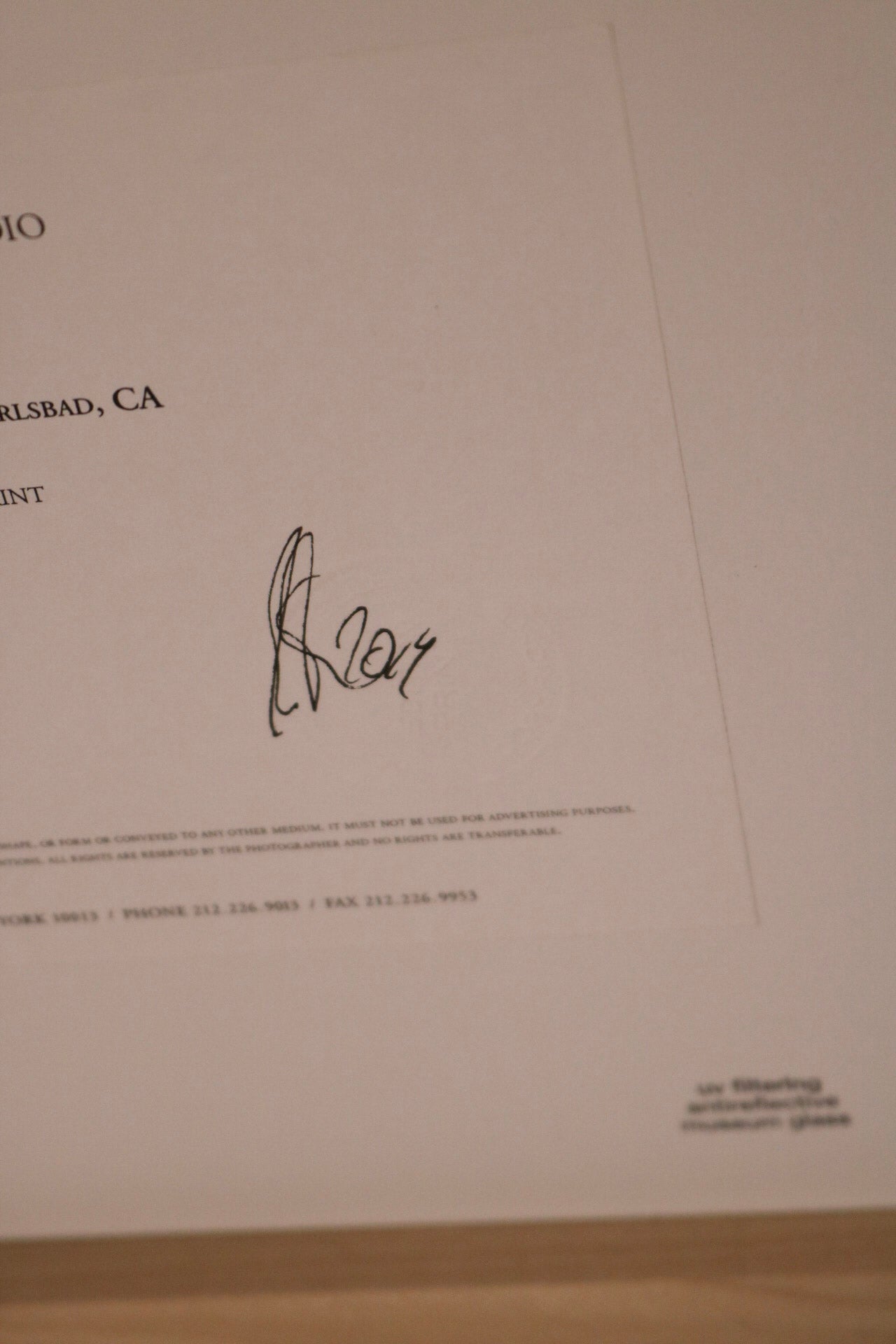 Close-up of Tony Hawk portrait with wood frame detail and signature by Martin Schoeller, edition 2 of 10