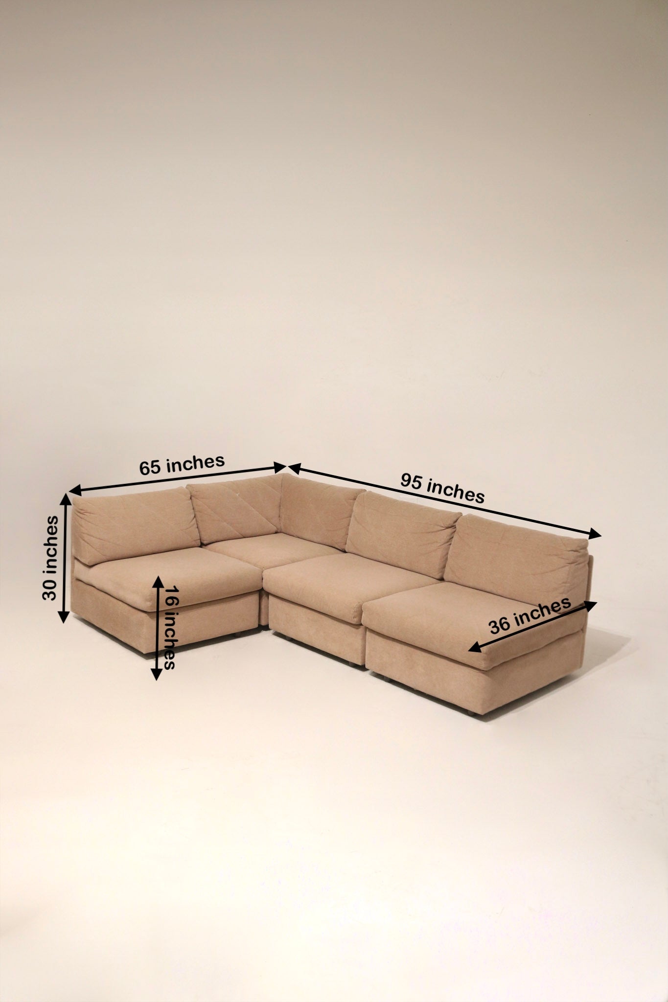 Size diagram photo of Mcm modular sectional fabric sofa couch indicating 95in L x 36in D x 30in H and 16in seat height on fabric upholstery