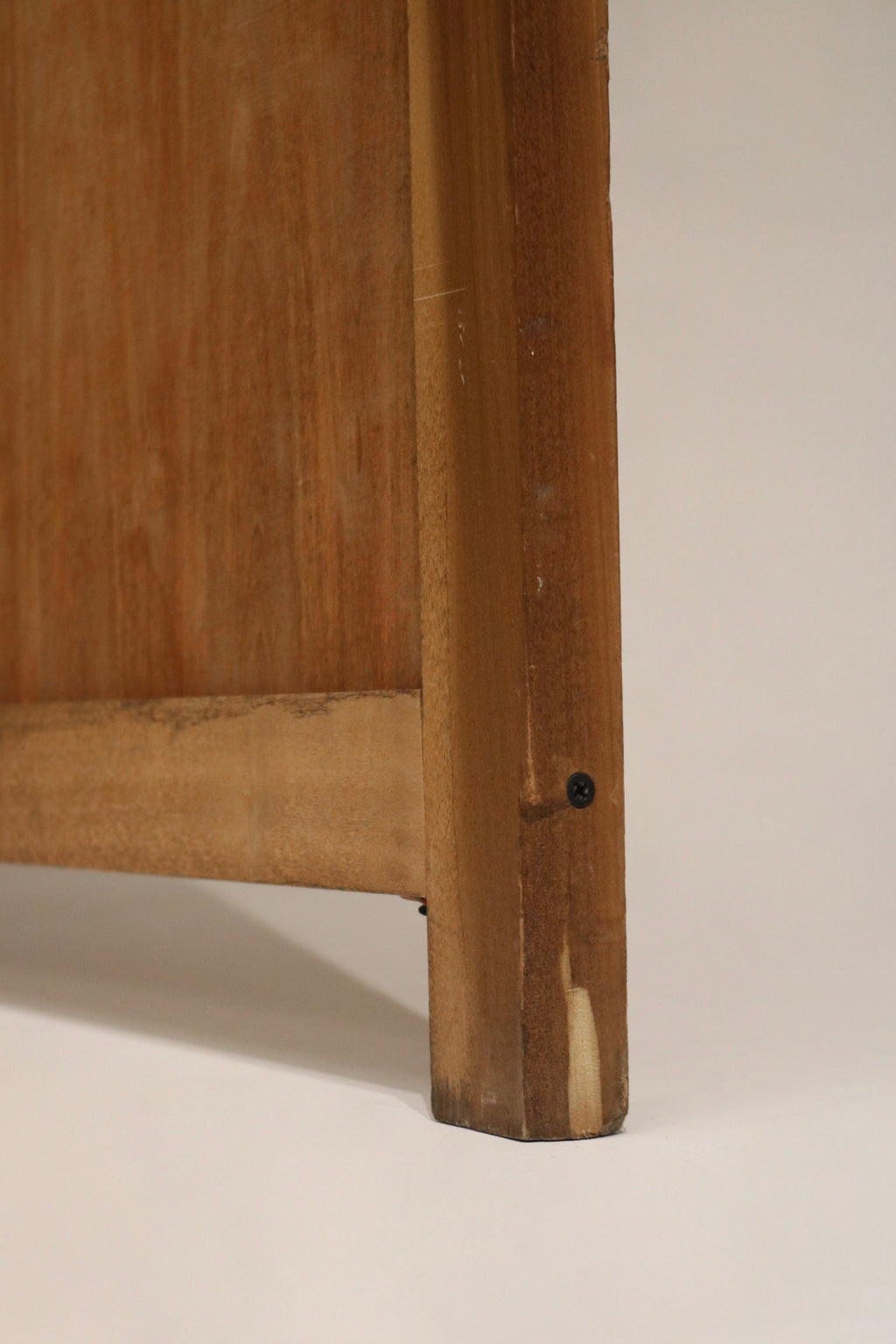 Close view of original metal hardware and hinges on pine wood folding screen, showing patina and solid functional condition.