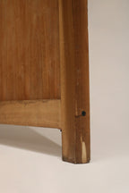Close view of original metal hardware and hinges on pine wood folding screen, showing patina and solid functional condition.