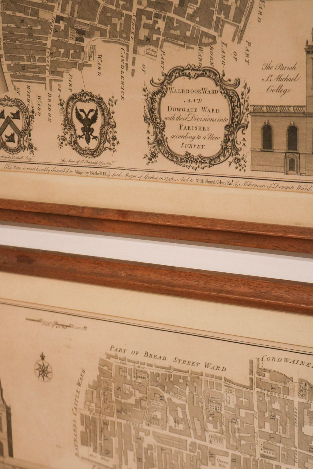 Detail shot of paper texture and aged coloration on 1756 antique map artwork